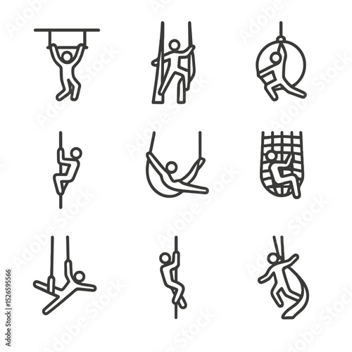 Aerial Performance Icons. Outline icon set of aerial performances: flying trapeze, aerial silks, aerial hoop, corde lisse, cloud