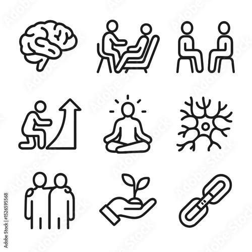 Addiction Recovery Icons. Outline icon set of addiction recovery stages: brain, therapy, counseling, recovery, mindfulness,