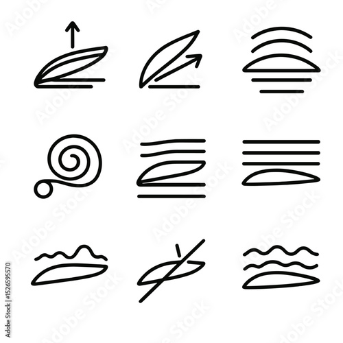 Aerodynamic Wing Icons. Outline icon set of aerodynamic wing phenomena: lift vector, stall angle, pressure distribution, wingtip