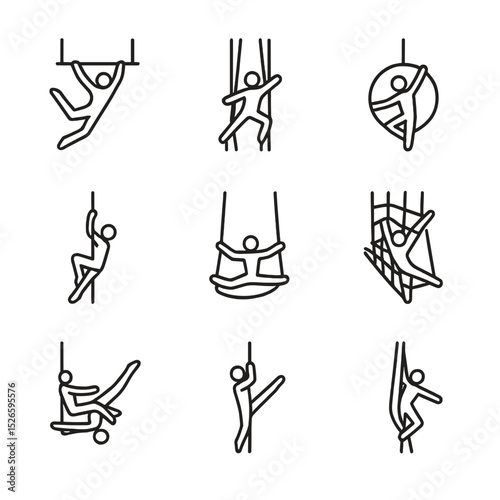 Aerial Performance Icons. Outline icon set of aerial performances: flying trapeze, aerial silks, aerial hoop, corde lisse, cloud