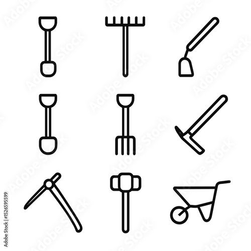 Agricultural Tool Handles. Outline icon set of agricultural tool handles: shovel handle, rake handle, hoe handle, spade handle,