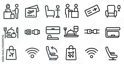 Essential airport travel icons for booking and boarding pass design