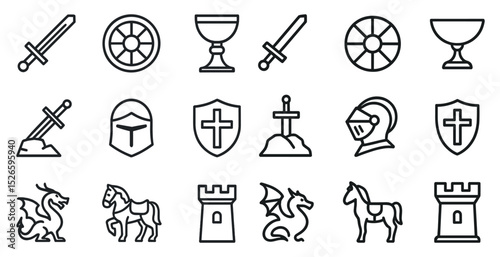 Medieval icons collection: swords, knights, dragons, and shields for design projects