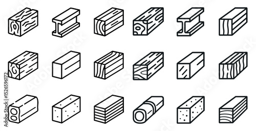 Various types of wood and steel beams icons for construction design