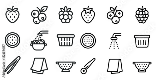 Fresh berries and kitchen utensils icons for cooking designs