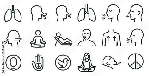 Breathing and meditation icon set featuring yoga, relaxation, and peace symbols