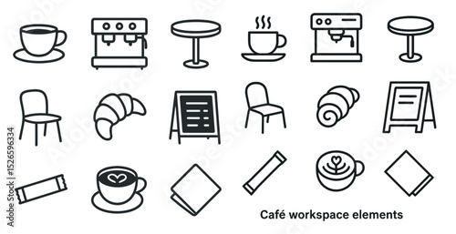 Café workspace essentials: coffee, croissant, seating, and signage icons for design and print