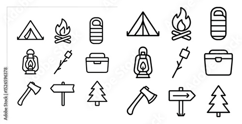 Camping icons set for outdoor adventure and travel design projects