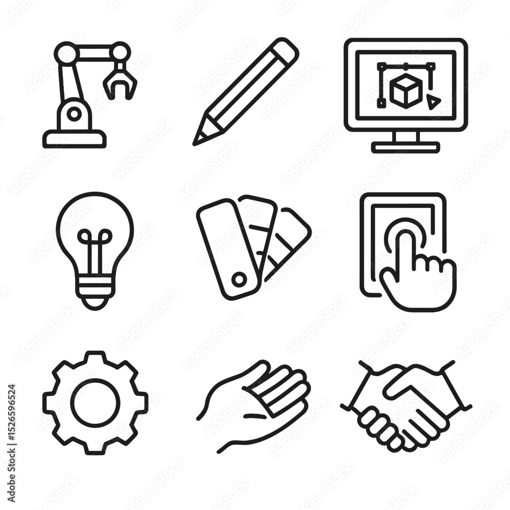 AI Design Collaboration Icons. Outline icon set of AI-assisted design collaboration: robot arm, pencil, CAD screen, lightbulb, AI Design Collaboration Icons. Outline icon set of AI-assisted design collaboration: robot arm, pencil, CAD screen, lightbulb,
