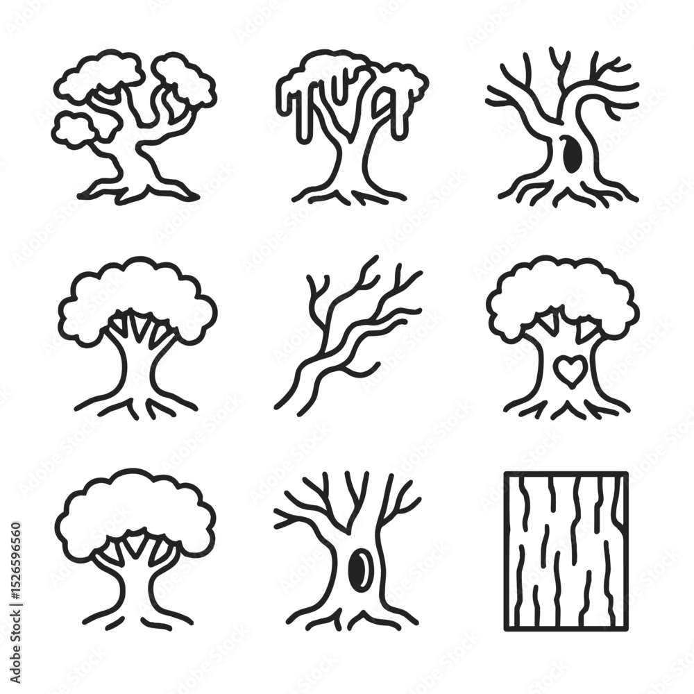 Fototapeta premium Ancient Trees Icon Set. Outline icon set of ancient trees: gnarled oak, hanging moss, hollow trunk, sprawling roots, twisted