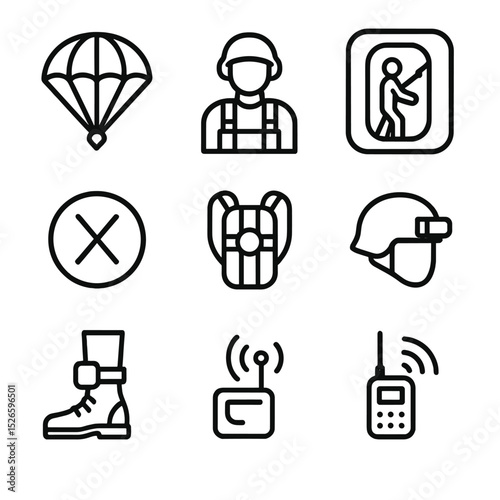 Airborne Operations Icons. Outline icon set of airborne operations: parachute, jump master, static line, aircraft hatch, drop zone