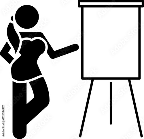 beautiful young woman pointing at blank flipchart clip art icon symbol, female teacher in classroom at school, public speaker, announcement message, isolated flat vector illustration