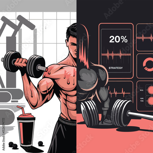 2d vector strong muscle pose strong body builder anatomy hairy at gym with bundle Doing exercises
