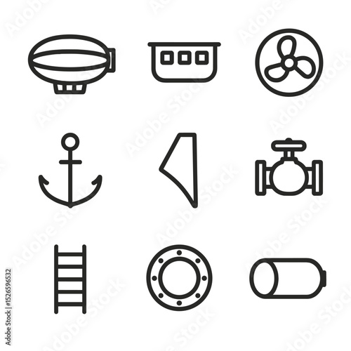 Airship Icon Set. Outline icon set of airship charms: dirigible silhouette, gondola car, propeller wheel, anchor hook, rudder fin,