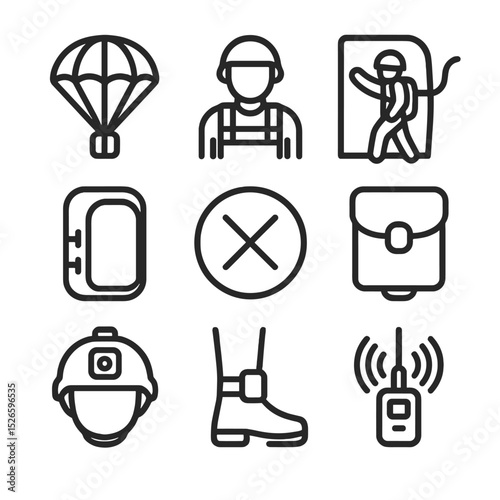 Airborne Operations Icons. Outline icon set of airborne operations: parachute, jump master, static line, aircraft hatch, drop zone