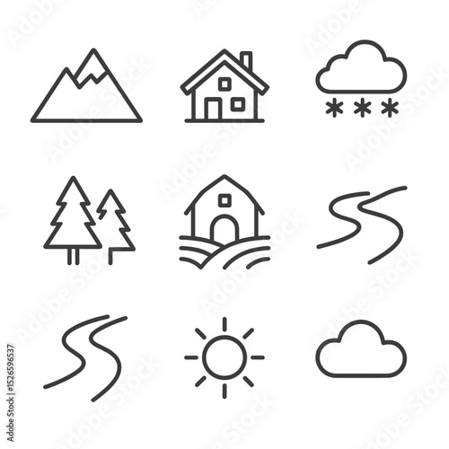 Alpine Village Icons. Outline icon set of alpine village: mountain, chalet, snow, trees, farm, river, road, sun, cloud. Line icons