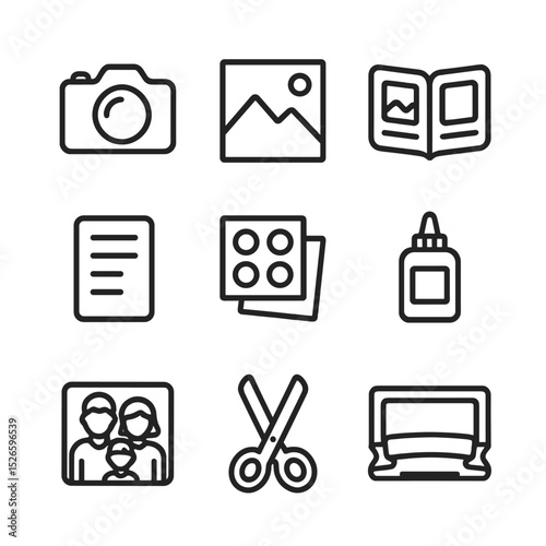 Photo Album Icons. Outline icon set of creating a photo album: camera, photo, album, paper, stickers, glue, family, scissors,