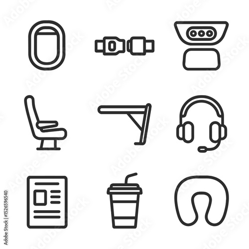 Airplane Icon Set. Outline icon set of airplane window seats: airplane window, seat belt, tray table, overhead light, headphones,