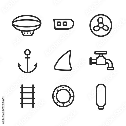 Airship Icon Set. Outline icon set of airship charms: dirigible silhouette, gondola car, propeller wheel, anchor hook, rudder fin,
