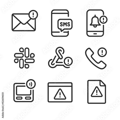 Alert Notification Icons. Outline icon set of alert notification methods: email alert, SMS message, push notification, Slack