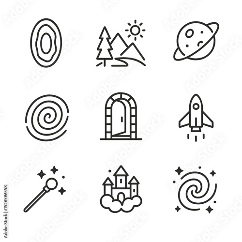 Alternate Reality Icon Set. Outline icon set of alternate reality worlds: parallel portal, fantasy landscape, alien planet, time