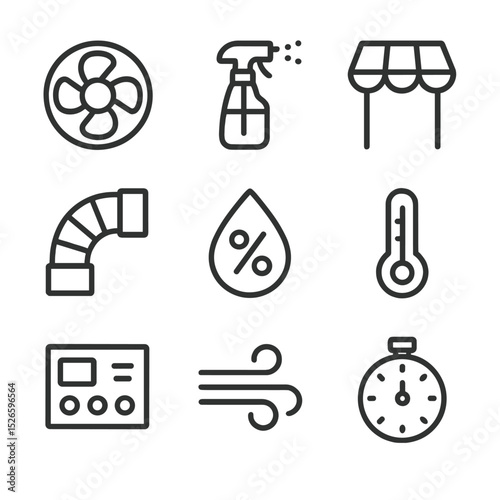 Ambient Control Icons. Outline icon set of ambient condition control: fan, mist sprayer, shade canopy, HVAC duct, humidity sensor,