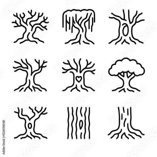 Ancient Trees Icon Set. Outline icon set of ancient trees: gnarled oak, hanging moss, hollow trunk, sprawling roots, twisted