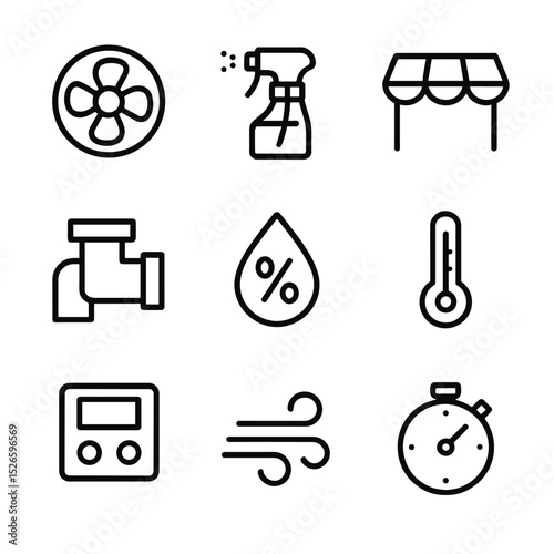 Ambient Control Icons. Outline icon set of ambient condition control: fan, mist sprayer, shade canopy, HVAC duct, humidity sensor,