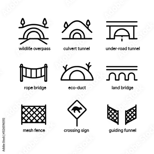 Animal Crossing Structures Icons. Outline icon set of animal crossing structures: wildlife overpass, culvert tunnel, under-road