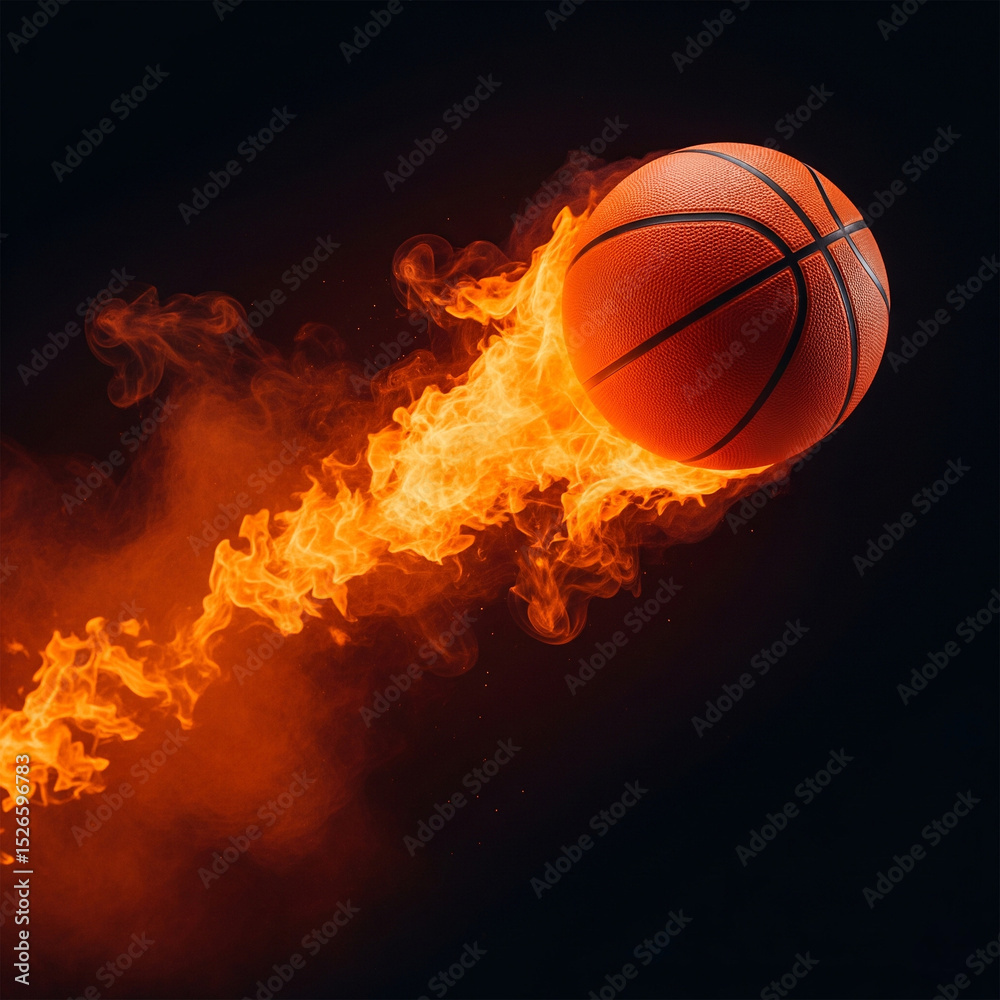 Fototapeta premium Flying orange basketball with Fiery Smoke Effect on Dark Background.