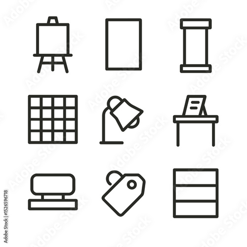 Artist Booth Icon Set. Outline icon set of artist booth display: easel stand, canvas panel, pedestal, wall grid, spotlight, table