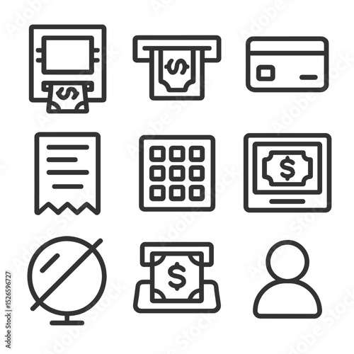 ATM Icon Set. Outline icon set of cash stack withdrawal: ATM machine, dispense slot, bank card, receipt printout, keypad, screen