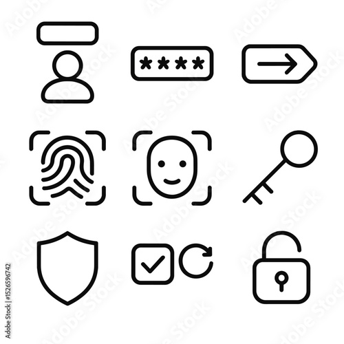 Authentication Icon Set. Outline icon set of account authentication: username field, password field, login button, fingerprint