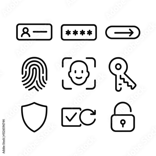 Authentication Icon Set. Outline icon set of account authentication: username field, password field, login button, fingerprint