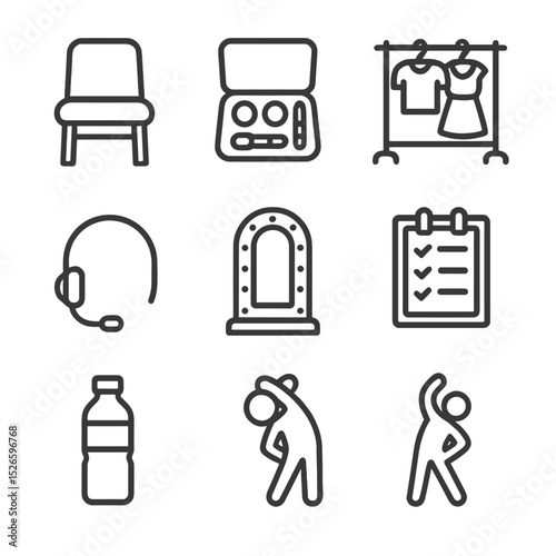 Backstage Icon Set. Outline icon set of backstage coordination: green room chair, makeup kit, costume rack, script binder, headset