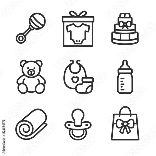 Baby Shower Icon Set. Outline icon set of baby shower gifts: baby rattle, onesie package, diaper cake, plush toy, bib and booties,