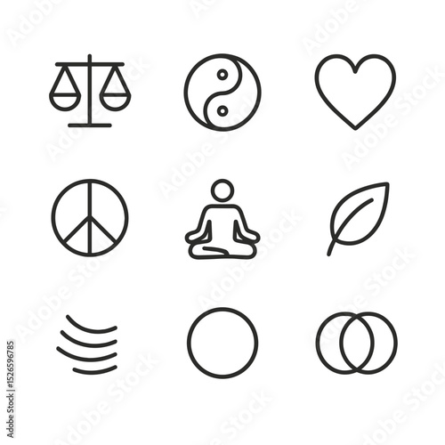 Balance and Harmony Icons. Outline icon set of balance and harmony: scale, yin-yang, heart, peace, breath, meditation, nature,
