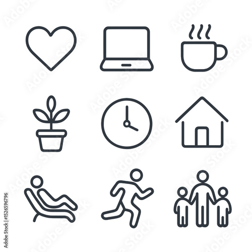 Icons of Balance. Outline icon set of emotional well-being & work-life balance: heart, laptop, coffee cup, plant, clock, home,