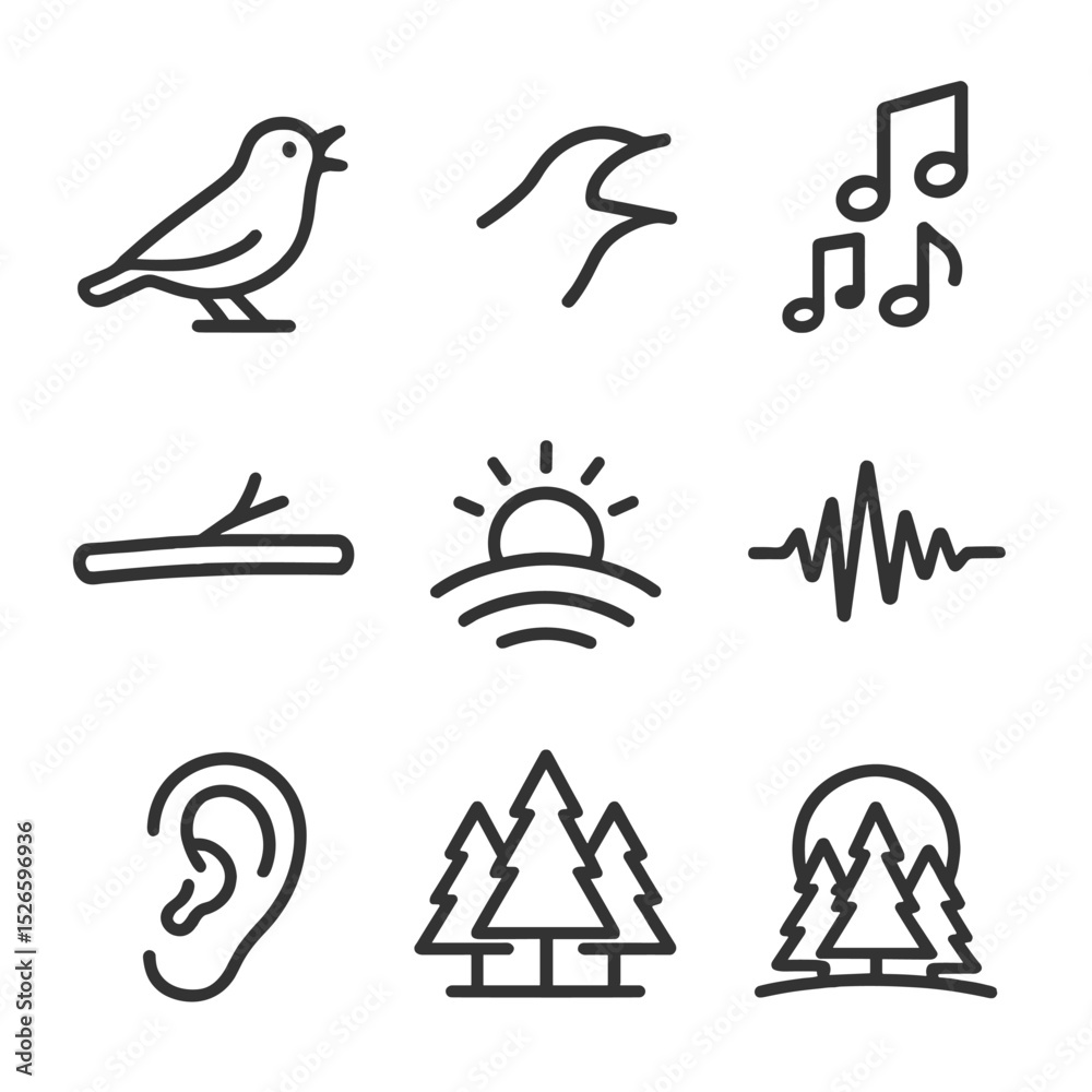 Fototapeta premium Bird Song Icons. Outline icon set of bird song communication: singing bird silhouette, open beak, musical note cluster, branch