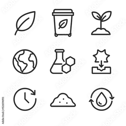 Biodegradable Product Icons. Outline icon set of biodegradable product symbols: leaf icon, compost bin, seedling sprout, earth