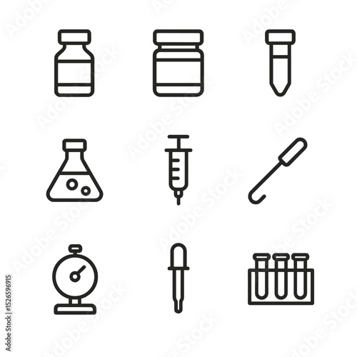 Bioink Material Icons. Outline icon set of bioink materials: collagen bottle, alginate jar, gelatin vial, stem cell flask,