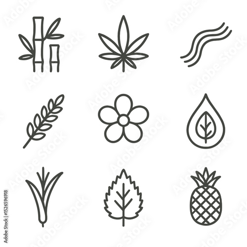 Biodegradable Textile Icons. Outline icon set of biodegradable textile materials: bamboo fiber, hemp leaf, T-encel strand, organic