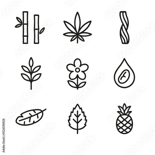 Biodegradable Textile Icons. Outline icon set of biodegradable textile materials: bamboo fiber, hemp leaf, T-encel strand, organic