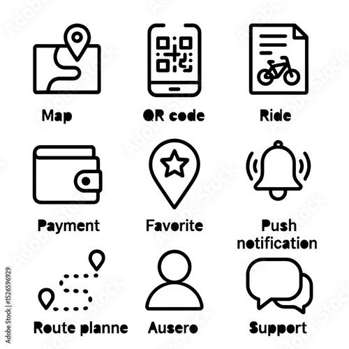 Bike Sharing Icons. Outline icon set of bike-sharing mobile app features: map view, QR code scanner, ride history, payment wallet,