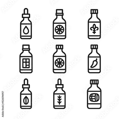 Bitters Icon Set. Outline icon set of bitters and flavoring: aromatic bitters, orange bitters, Peychaud’s, chocolate bitters,