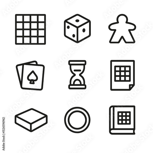Board Game Icon Set. Outline icon set of board game nights: game board, dice, meeple, playing cards, timer, score sheet, game box,