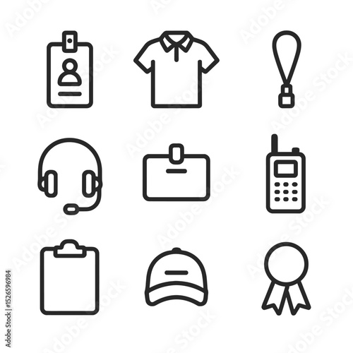 Booth Staffing Icon Set. Outline icon set of booth staffing essentials: staff badge, polo shirt, lanyard, headset, name tag,