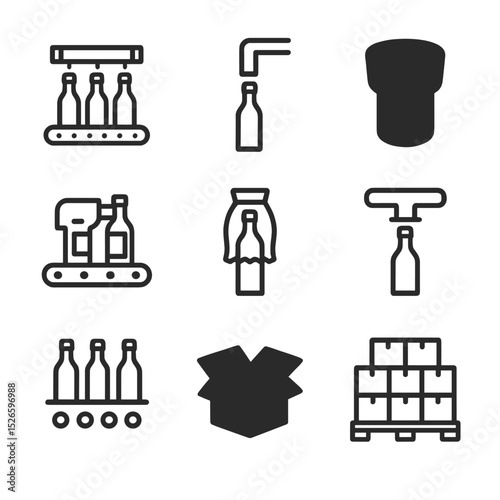 Bottling Process Icons. Outline icon set of bottling and packaging: bottling line, filler nozzle, cork stopper, label applicator,