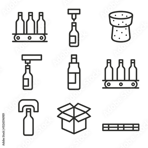 Bottling Process Icons. Outline icon set of bottling and packaging: bottling line, filler nozzle, cork stopper, label applicator,