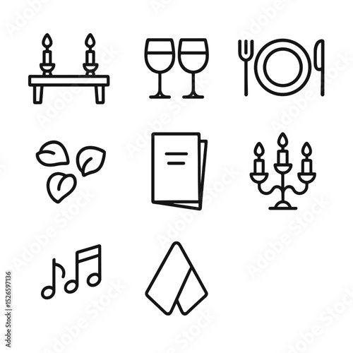 Candlelit Dinner Icons. Outline icon set of candlelit dinner settings: table with two candles, wine glasses, dinner plate, cutlery